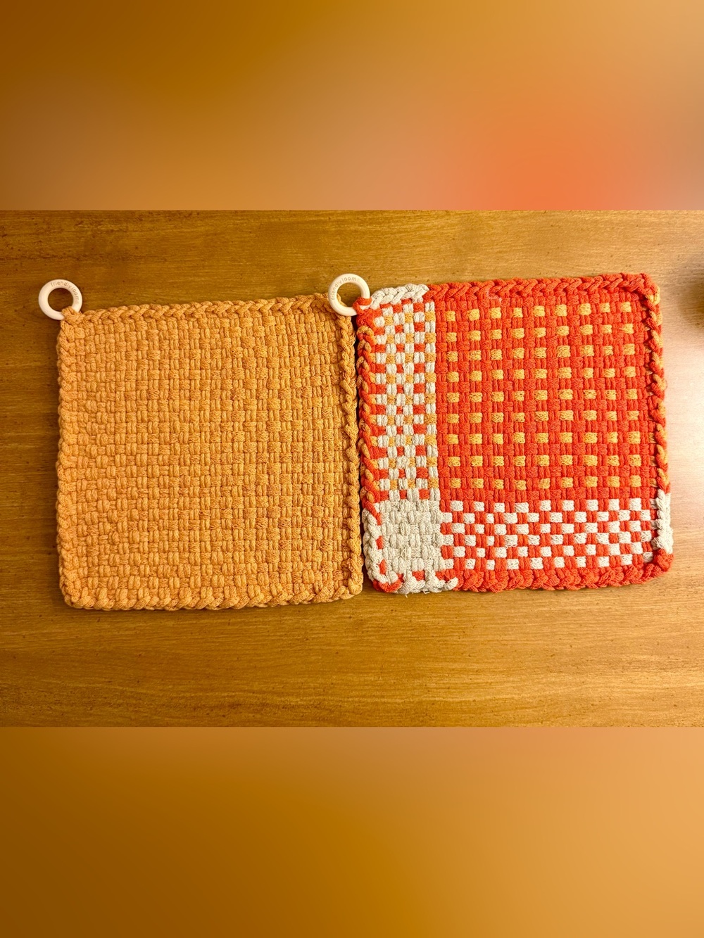 Woven Cotton Pot Holder Set in Orange and Cream